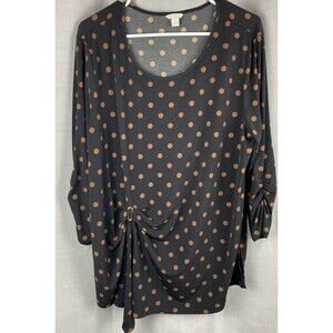 Est. 1946 Womens Sz XL Long Sleeve Black Polka Dot Long Ruched Sleeve Top